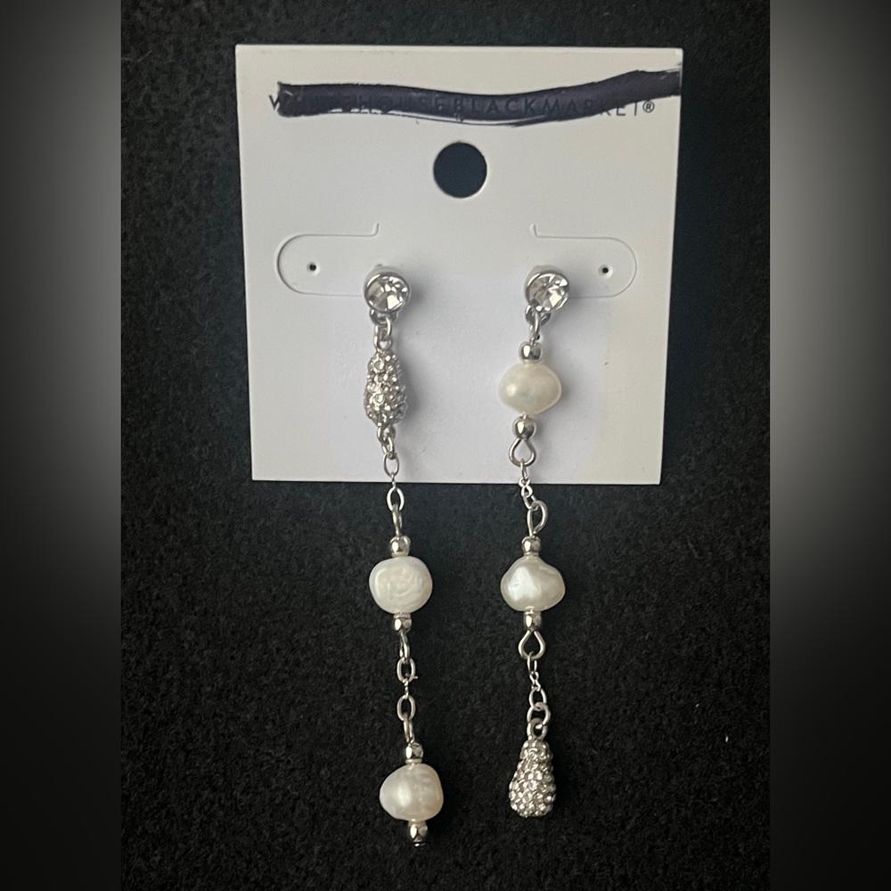White House Black Market Silver and Pearl Drop Earrings